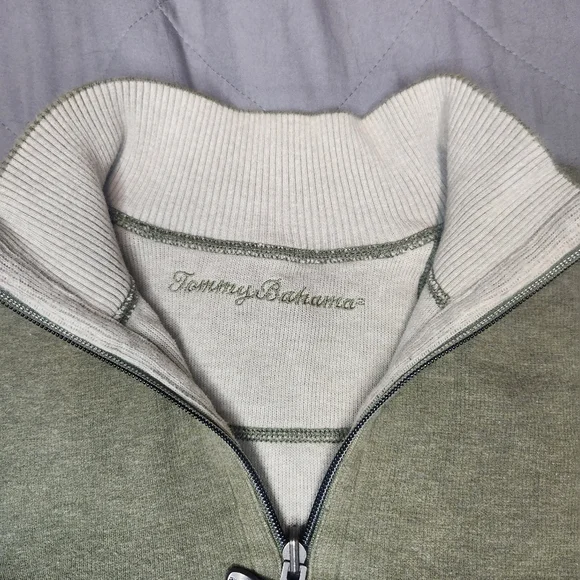 Tommy Bahama Cotton Quarter Zip Sweater Olive Green Men Mock Neck Long Sleeve - Picture 3 of 11